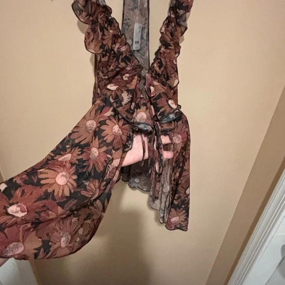 NWT Free People Floral Ruffle V-Neck Sheer Camisole - Brown & Pink - Picture 4 of 9